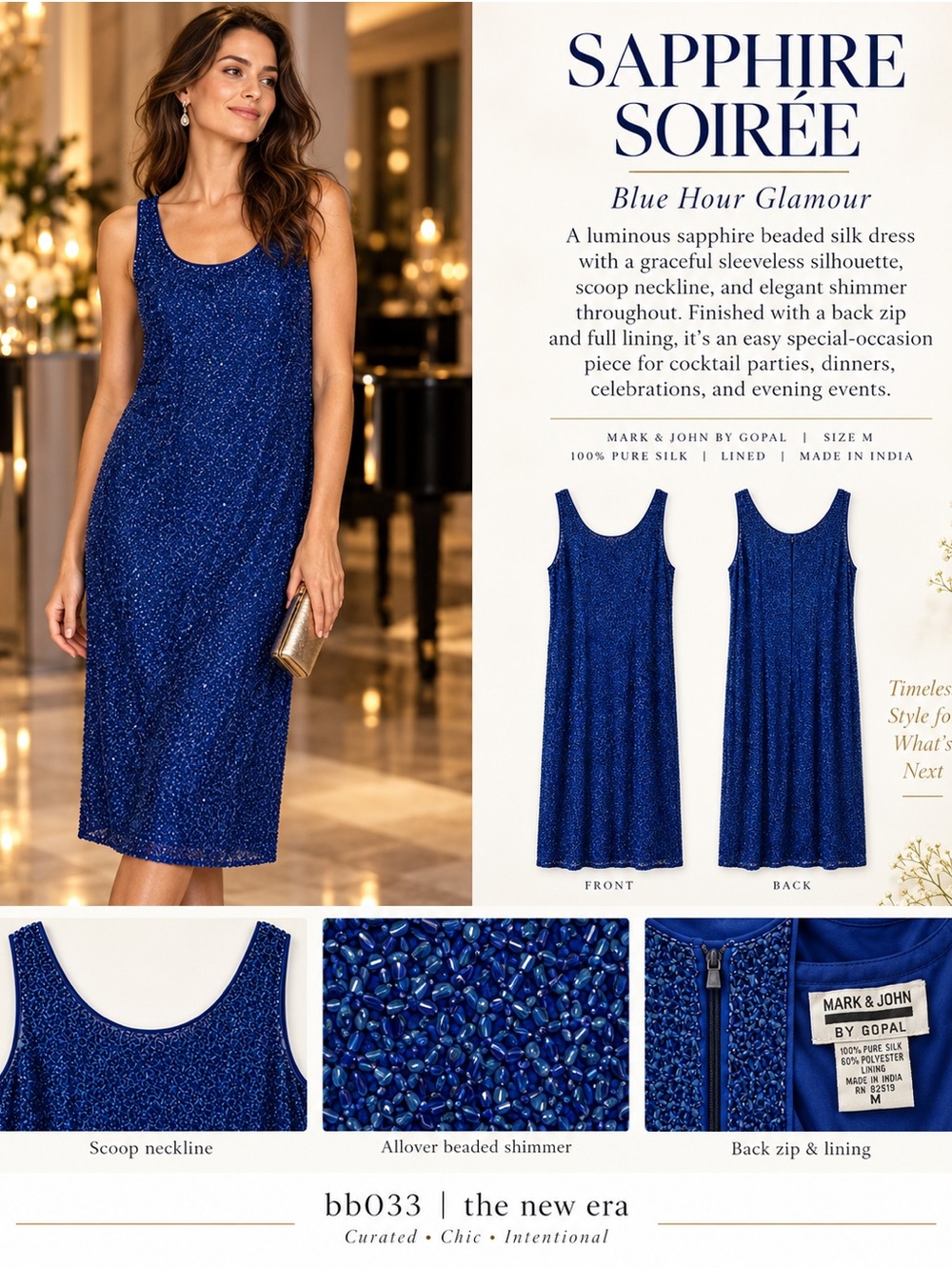 Mark & John by Gopal Vintage Blue Beaded Silk Midi Dress M